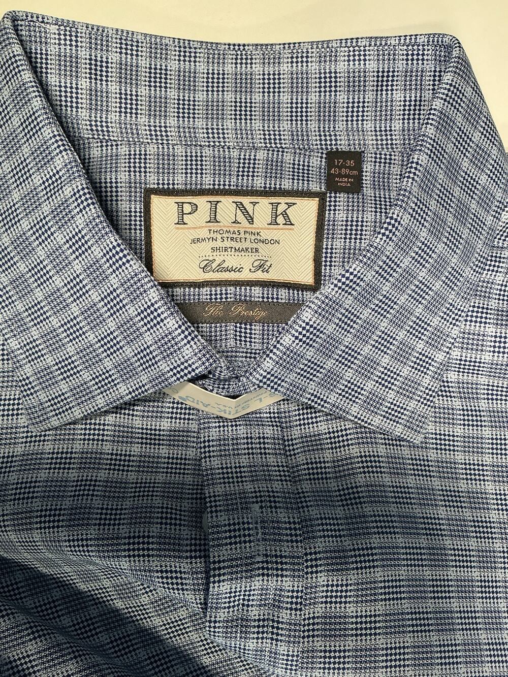 Thomas Pink Jermyn St Prestige Luxury Shirt 17 35 Blue Glen Plaid French Cuff